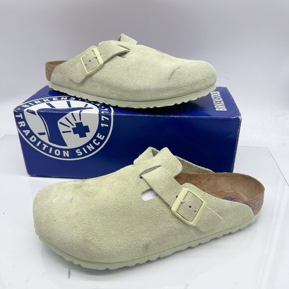 Birkenstock Soft Footbed Boston Clogs Faded Lime Suede EU 41 Womens US 10-10.5 R - Picture 1 of 12